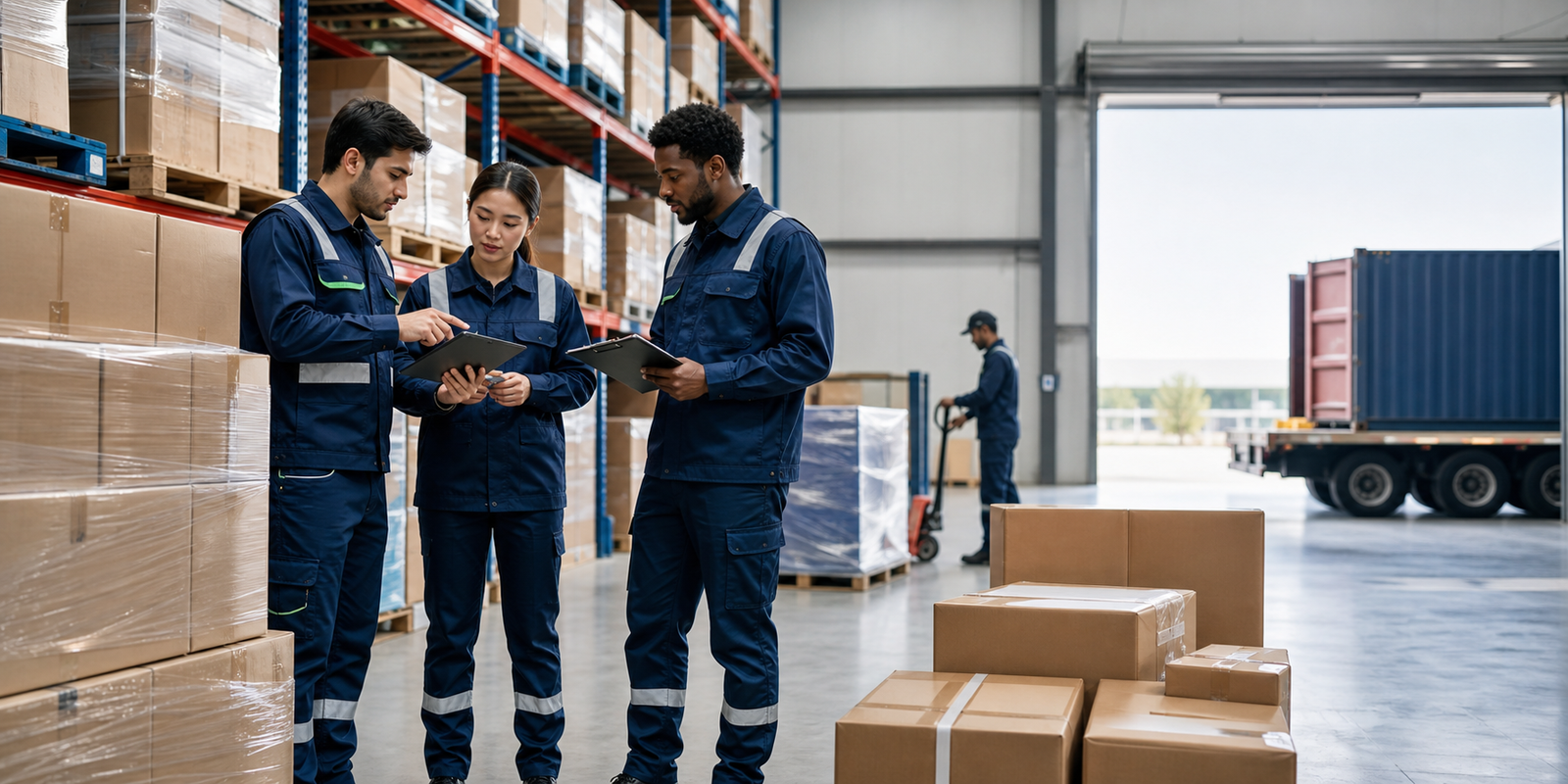 AMPAK-style logistics professionals checking cargo in a warehouse